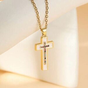Gold and White Cross Rhinestone Pendant Necklace